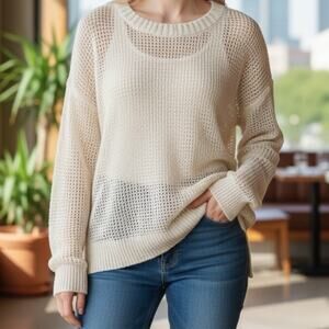 J.Crew Linen Open Weave Knit Sweater Ivory Cream Lightweight Pullover Sz S